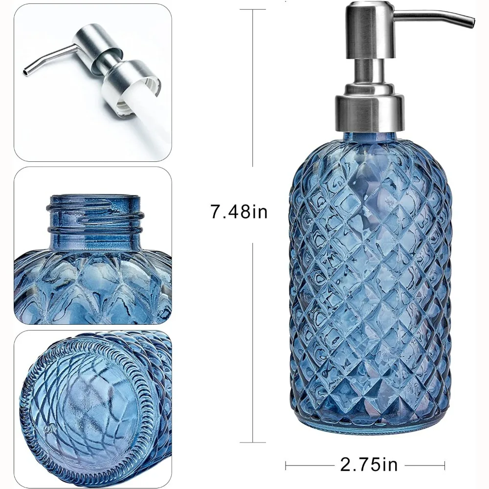 304 Rustproof Stainless Steel Pump Soap Dispenser Refillable Liquid 350ml Essential Oil Dispensing Bottle Glass Blue