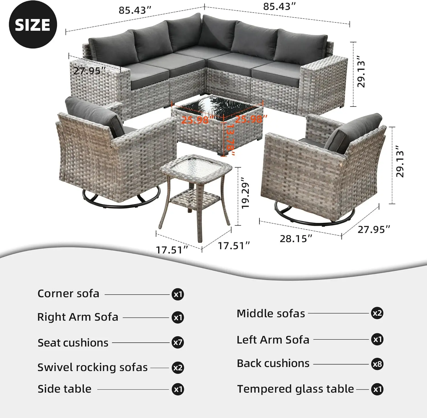 Juegos de muebles de Patio, sofá seccional para exteriores con mecedoras giratorias, sofá de conversación de mimbre de PE para Patio trasero, cubierta de jardín