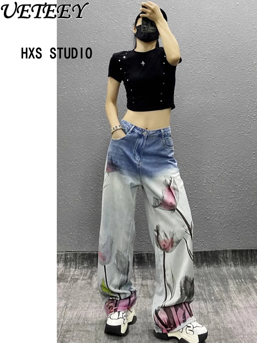 American Retro Ink Printing Color Matching Wide-leg Baggy Jeans Women's Autumn Winter New Loose Straight Mopping Denim Pants