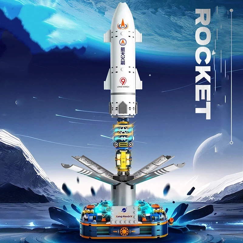 MOC Long March 9 Rocket Aviation Model Building Blocks LED Lighting Desktop Display Bricks Educational Toys for Children Gifts