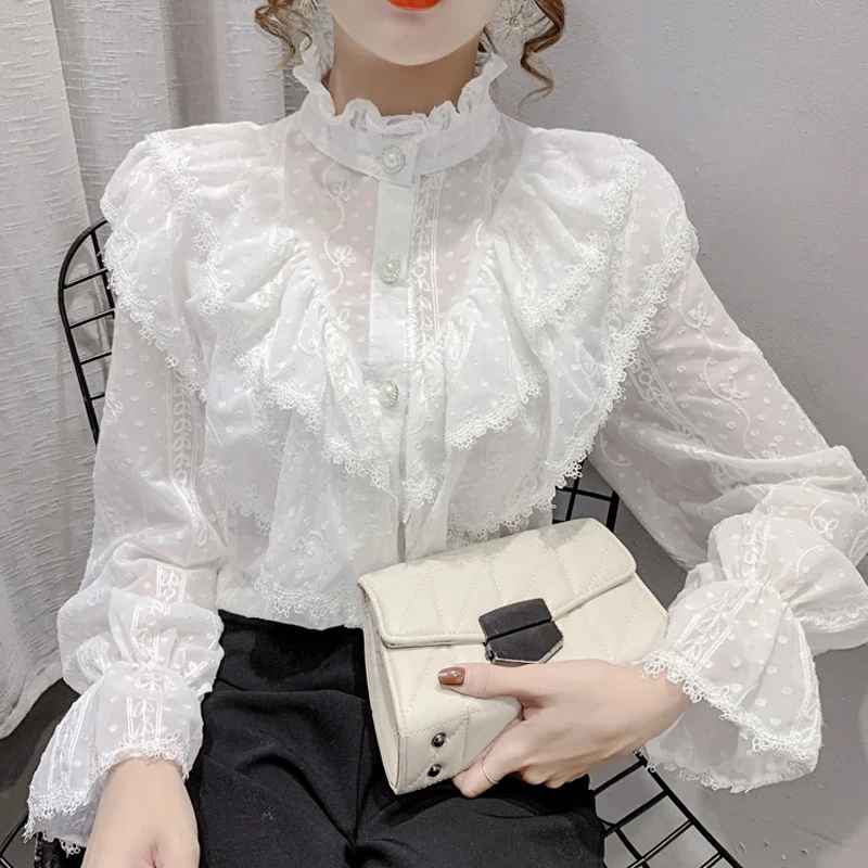 Fashion Ruffle Stitching Long Sleeve Shirts Elegant Lace Chiffon Blouse Loose Korean Style Stand Collar Pleated Top Blusas 15832