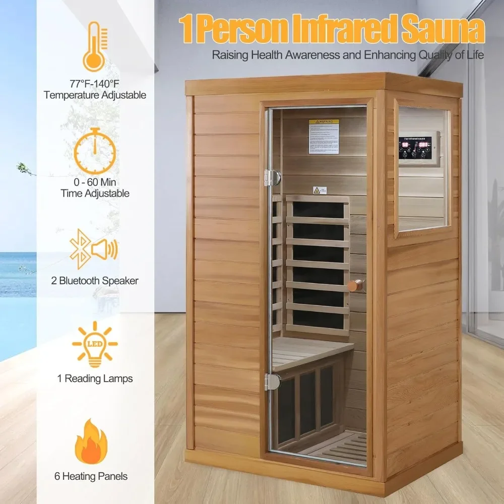 Infrared Home Sauna Room 1 Person Mini Infrared Sauna 1050W Dry Saunas for Home Red Cedar Wooden Indoor Sauna Spa with 6 Low