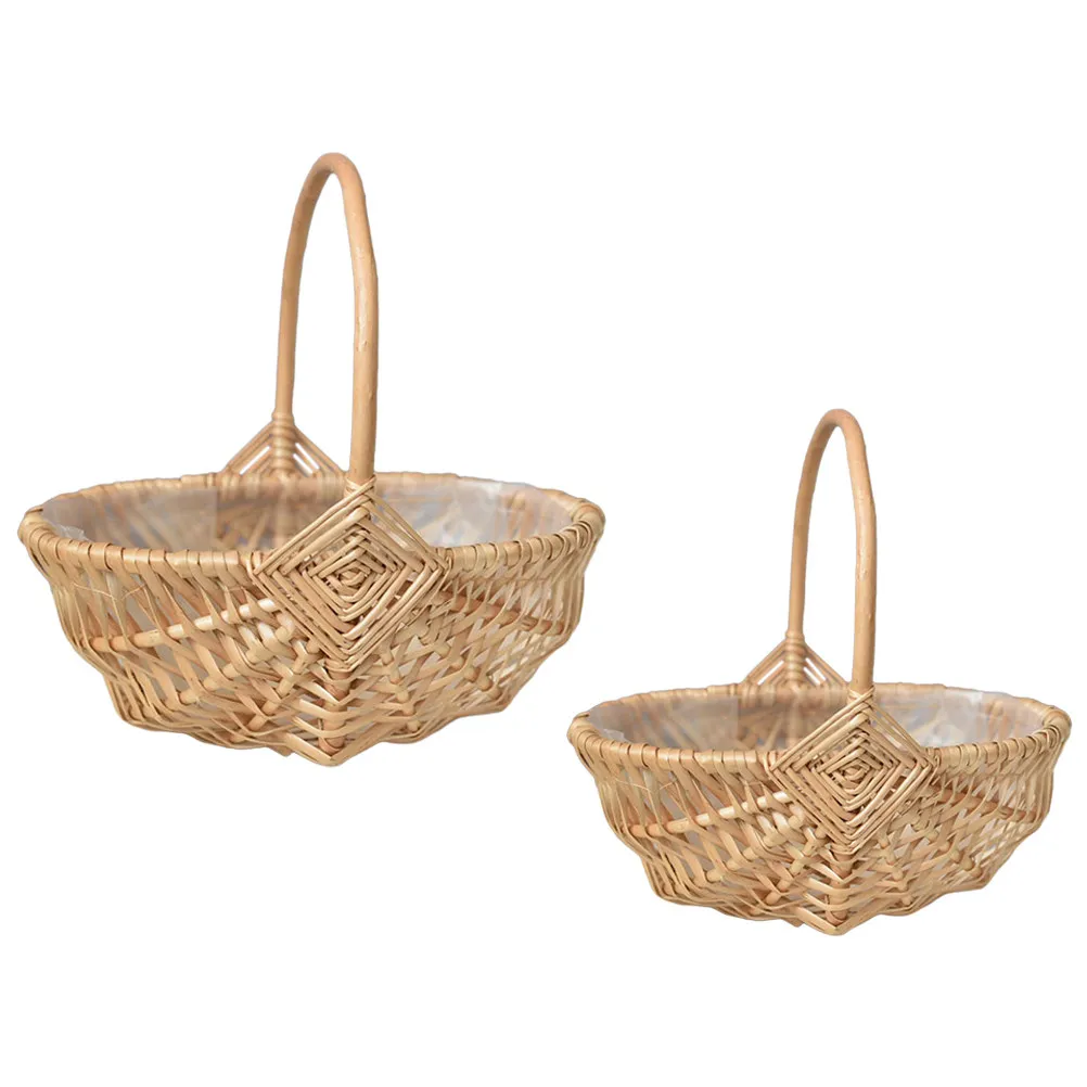 

2Pcs Handwoven Rattan Flower Basket Set Portable Handle Storage Organizer Wedding Home Decor Sundries Holder Flower Baskets