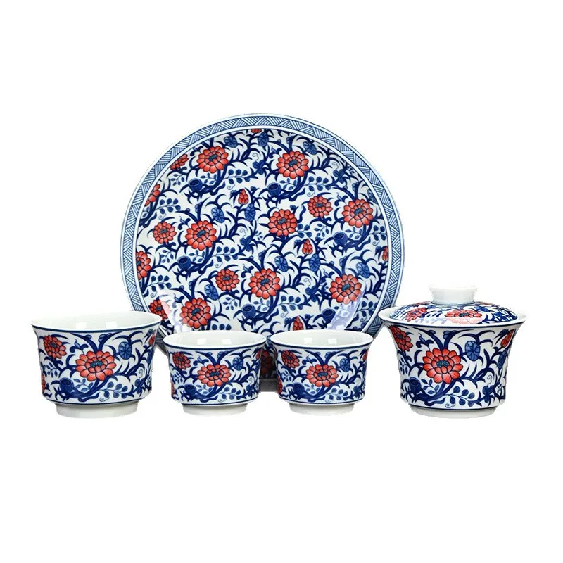 

Blue and white porcelain Kung Fu tea set Small set Chinese high-end three-talent cover bowl Master cup with hand gift porcelain