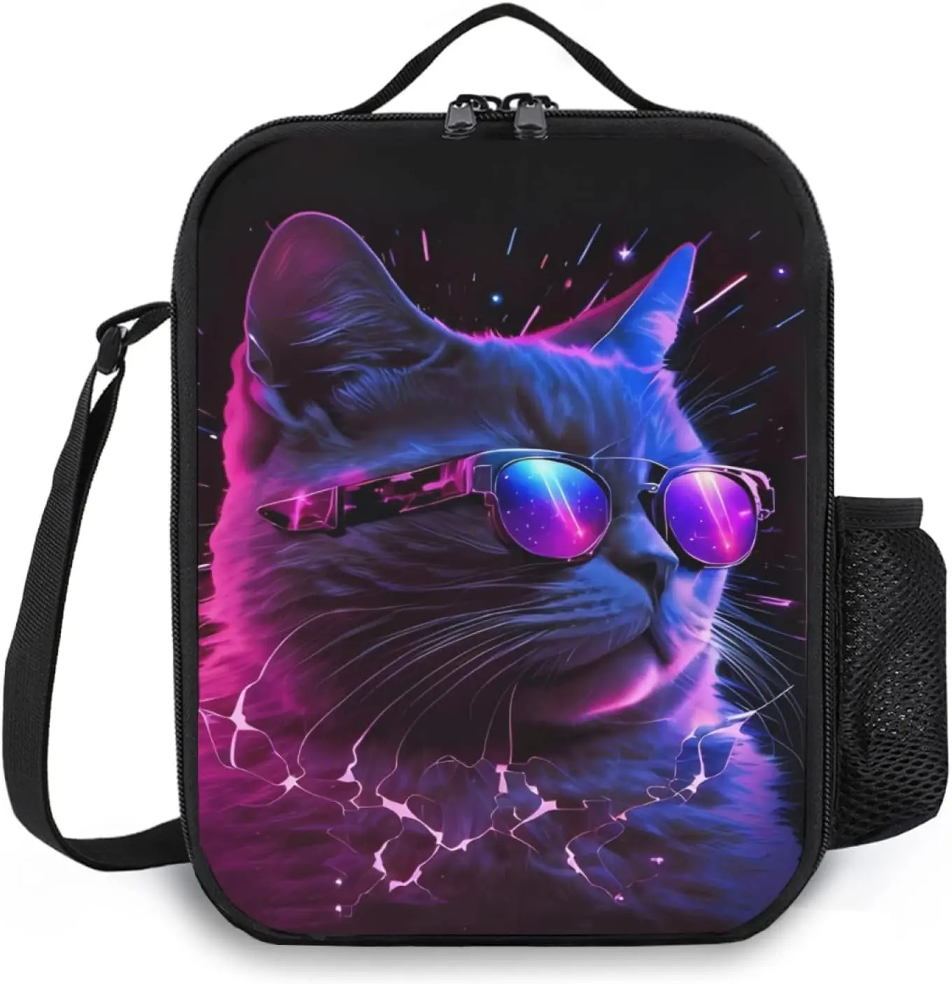 Cute Purple Cat Lunch Bag with Shoulder Strap School Bento Lunchbox for Kids Teens Black Reusable Cooler Thermal Meal Tote Kit