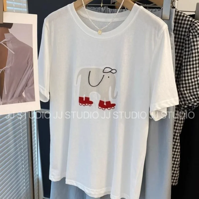 Ice-feeling Snowflake Cotton White Short-sleeved T-shirt for Women Summer New Style Baby Elephant Print Printed Loose Top