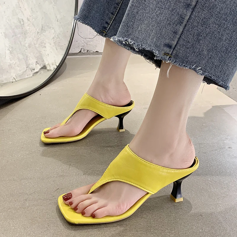 Women\'s Slippers Summer New High Heel Square Toe Shallow Mouth Flip-flops Fashion Temperament Increase Heel Sandals