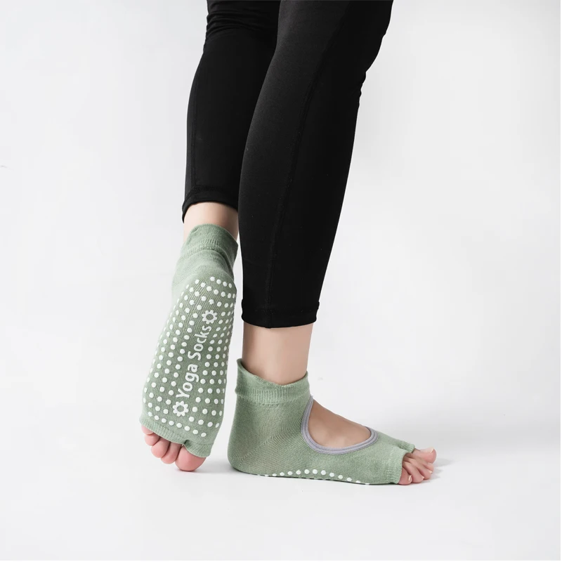Women Two Toe Backless Yoga Socks Non-Slip Fitness Workout Pilates Sock Ladies Breathable Sports Ballet Dance Slippers for Gym