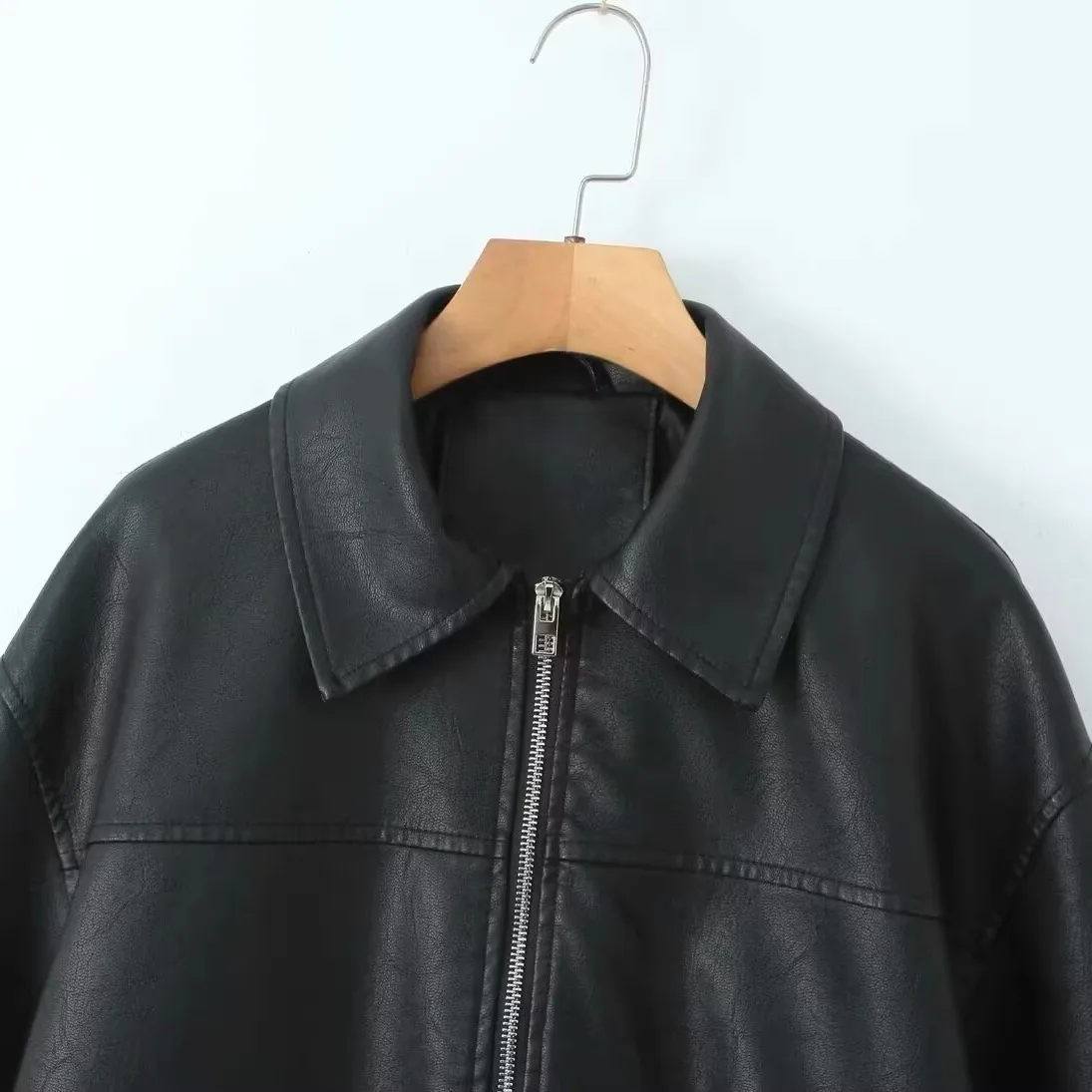 Faionable versátil couro pu waed feminino jaet outono novo sle simples ele longo sve flip colarinho casaco para jovens