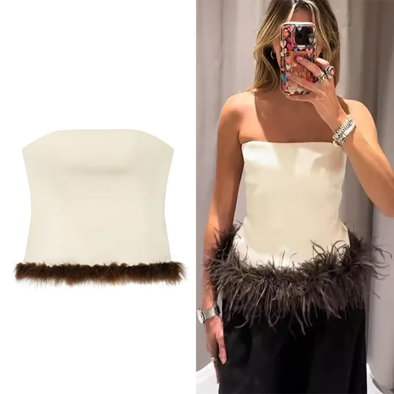 

Women‘s Feather Trimmed Strapless Top Sexy Fashion Sleeveless Off-shoulder Wrap Chest Female Slim Short Evening Tops
