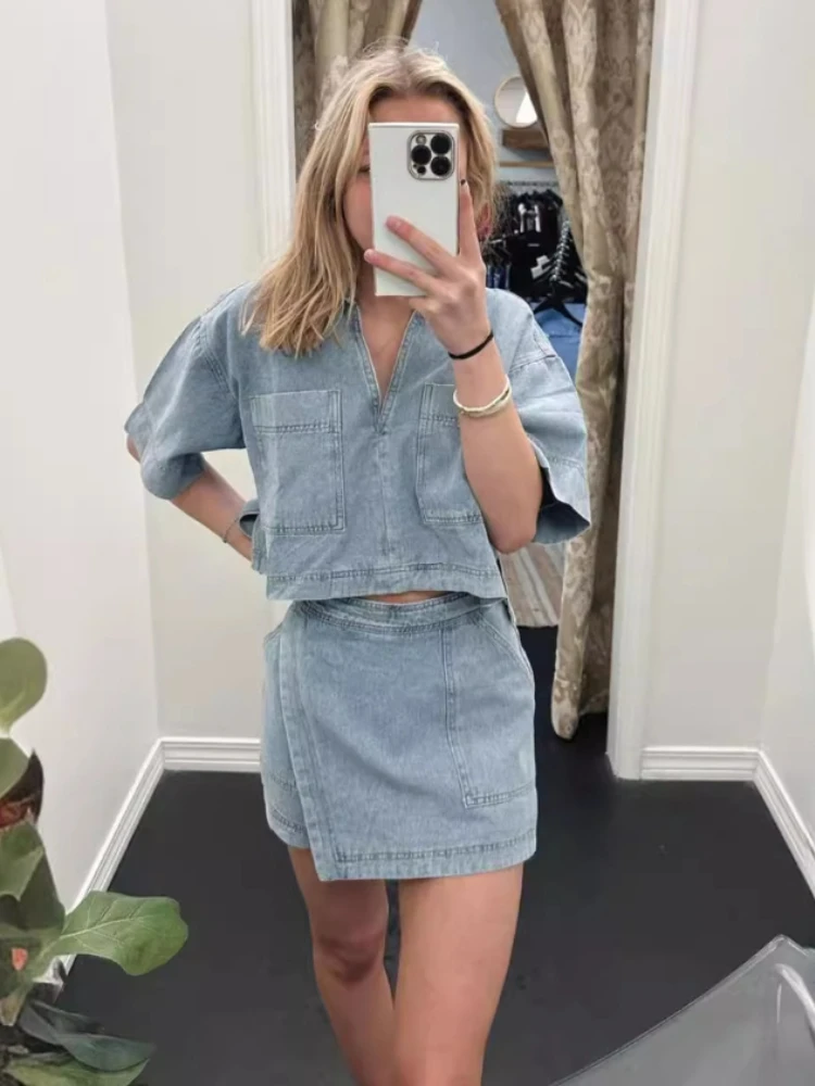 

XIZOU Women Casual Denim Suit Summer Short Sleeves Polo Shirts Irregular Skirt Pant Streetwear y2k Two Piece Sets Womens Outfits