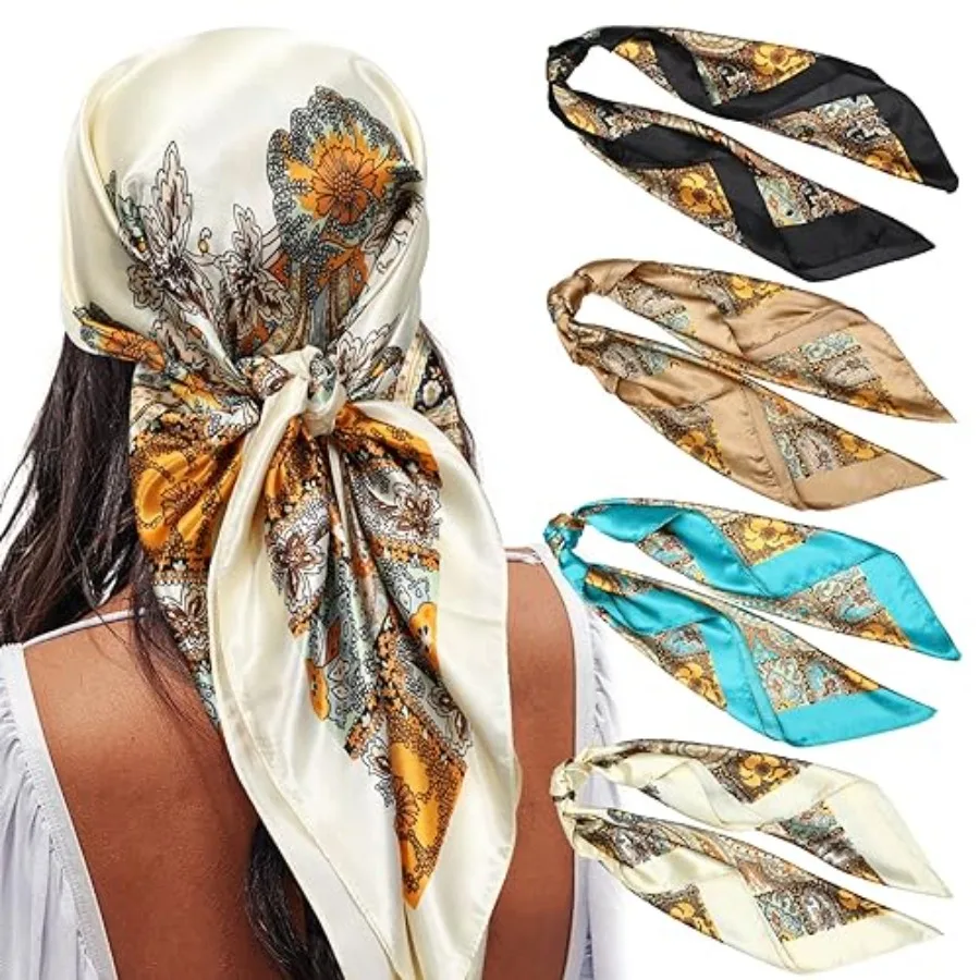 

35 Satin Large Square Head Scarves Set of 4 SilkLike Neck Scarf and Hair Sleeping Wraps for Women Ideal for Daily Wear Travel S