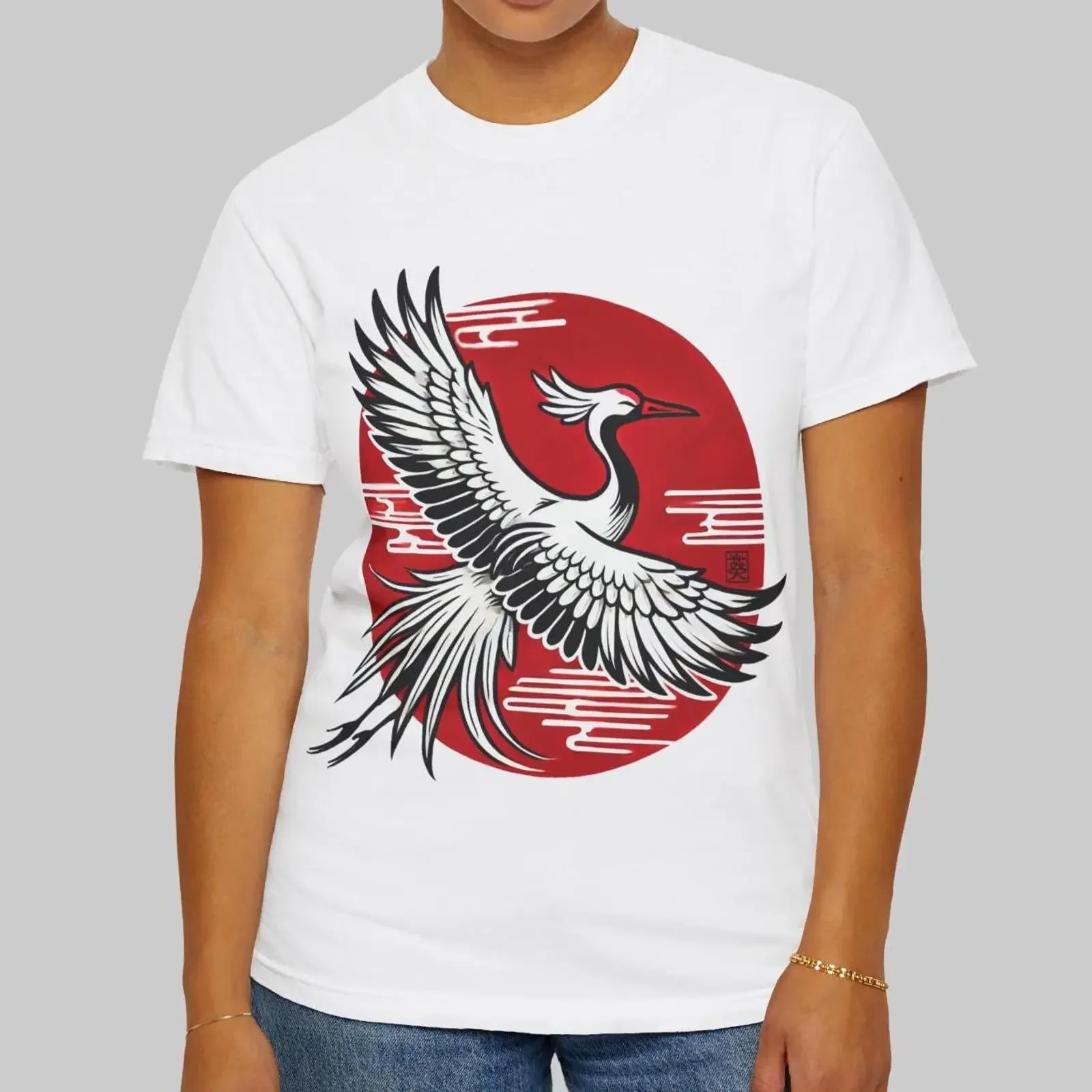 Japanese Crane T Shirt Red Sun with Tattoo Style Flying Bird Design vintage Washed Unisex streetwear homme fashion Stylish Soft