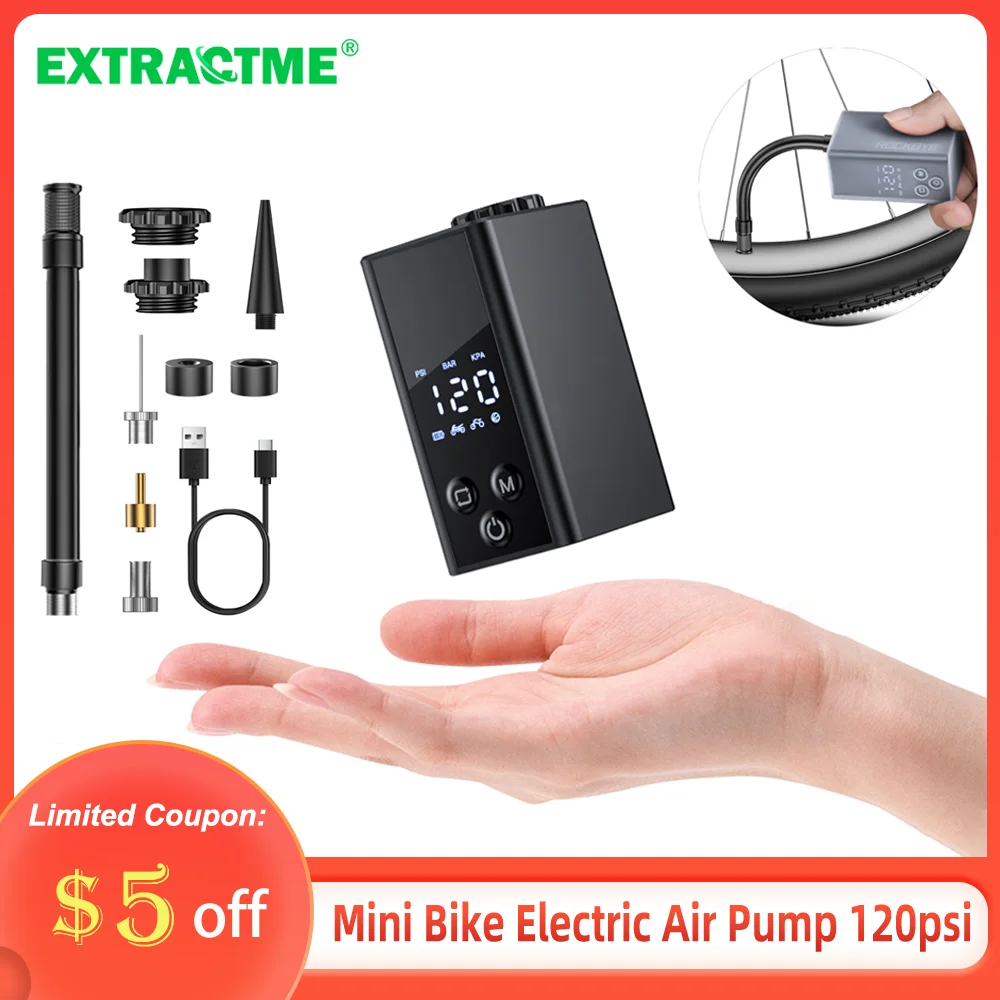 

Extractme 120 PSI Mini Electric Bicycle Pump Type-C Rechargeable Portable Air Inflator AV FV Valve MTB Road Bike Accessories