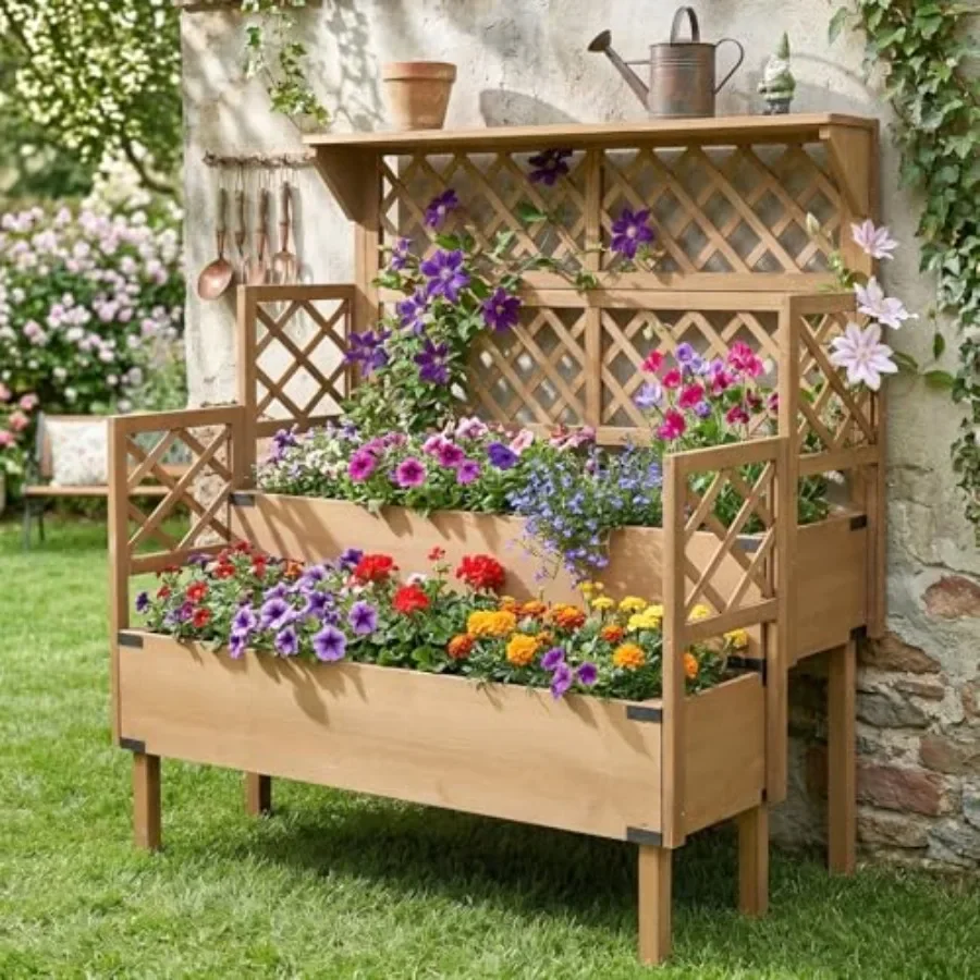 Raised Garden Bed with Trellis, 2-Tier Elevated Planter Box, Wooden Outdoor Planter for Vegetables Herbs Flowers, Lattice Back