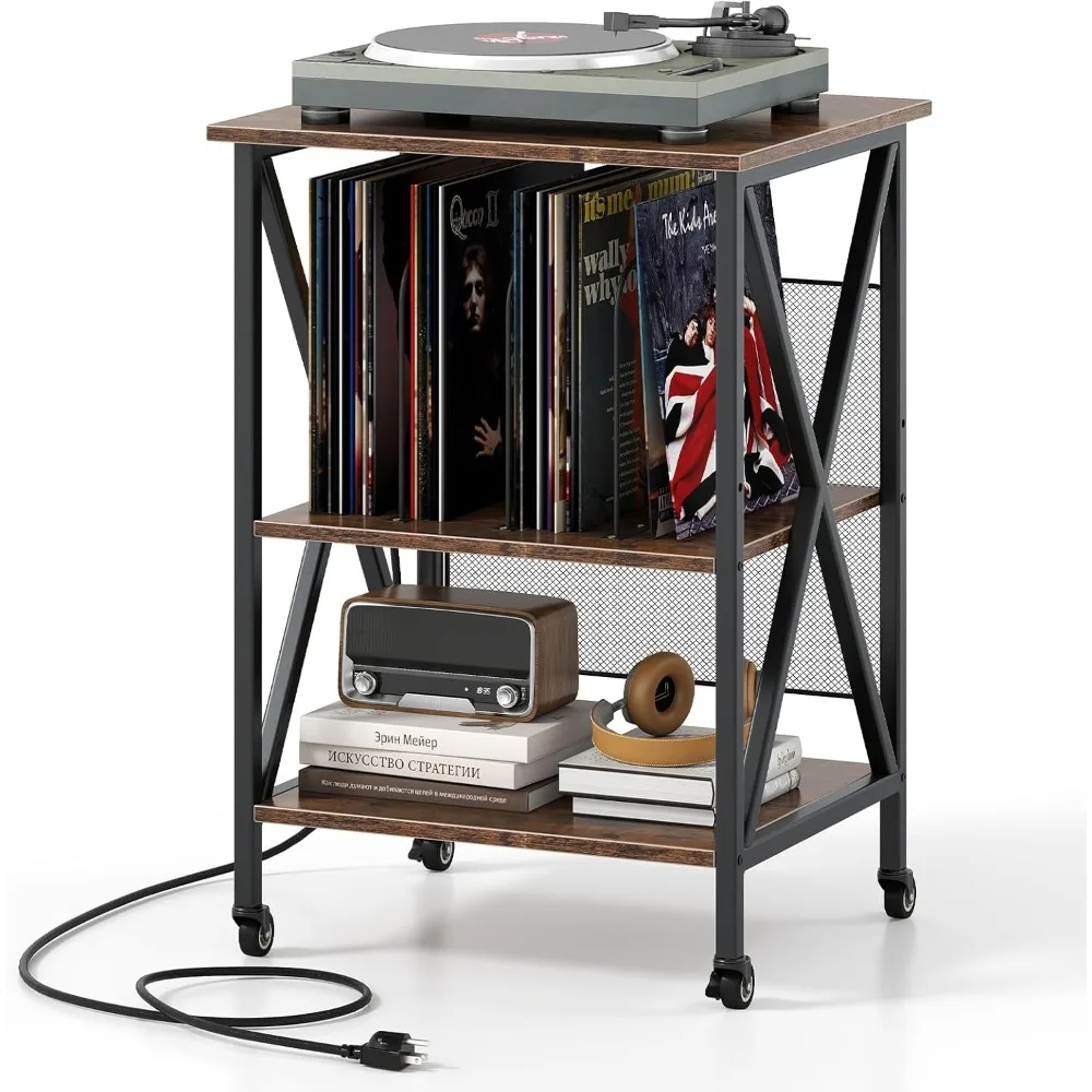 

Record Player Stand with Charging Station, Turntable Stand with Record Storage & 4 Rolling Wheels