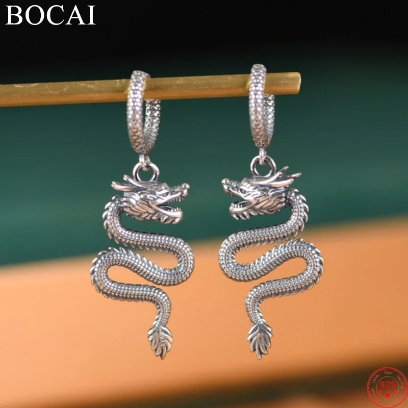 

BOCAI S925 Sterling Silver Drop Earrings for Women Men New Fashion Relief Little Dragon Ear-drop Punk Jewelry Free Shipping