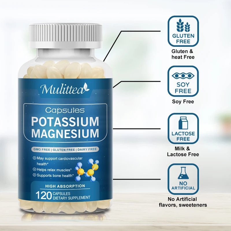 Mulittea Potassium Magnesium Capsules High Absorption For Leg Spasms Bone Muscle Function And Heart Health Relieve stress