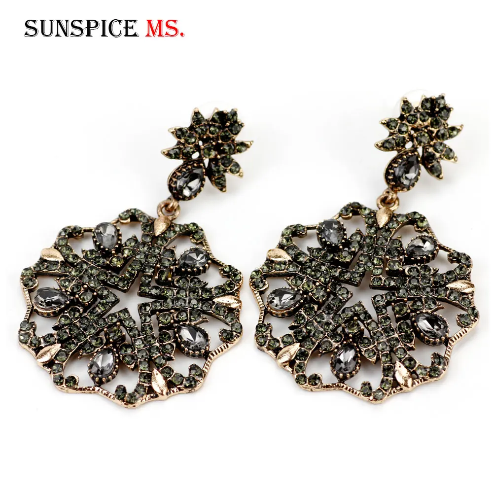 Sunspicems Antique Gold Color Turkish Drop Earrings Bohemia Women Gray Crystal Earring Vintage Wedding Accessories