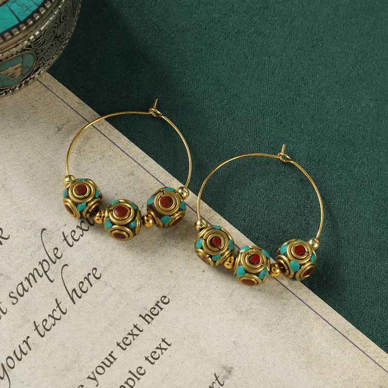 Ethnic Nepal Style Hoop Earrings for Women Golden Color Copper Gemstone Bead Luxury Exotic Jewelry Vintage Tibetan Charm Gifts