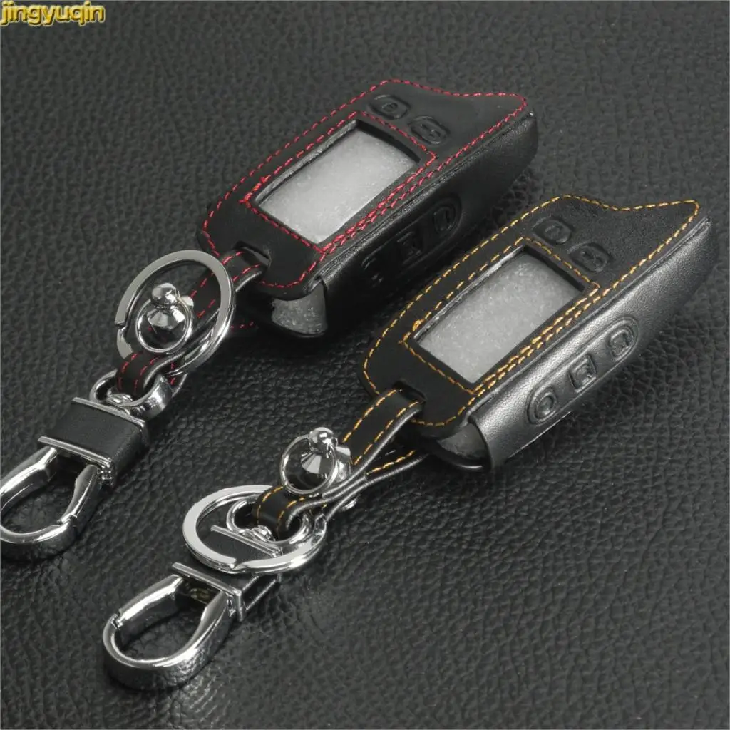 Jingyuqin Leather Key Cover Case For Tomahawk TW9010 Two Way Alarm System LCD Remote Controller Car Alarm Keychain Bag Styling