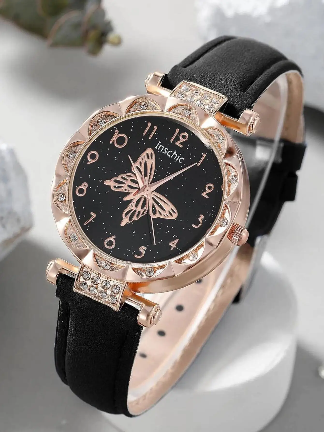 5-piece elegant and stylish exquisite butterfly dial quartz watch, paired with PU leather strap, elegant butterfly fashion set