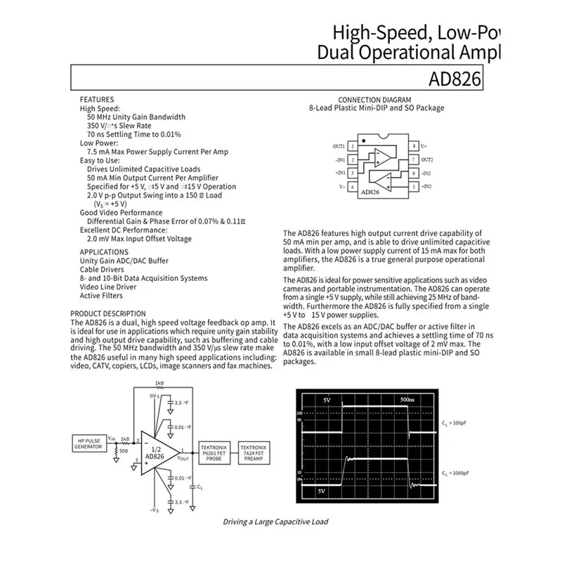 A25F-AD826 High-Speed Op Amp 2PCS 350V/Μs Slew Rate 50Mhz Bandwidth Dual Amplifier For ADC DAC Buffer Applications Load