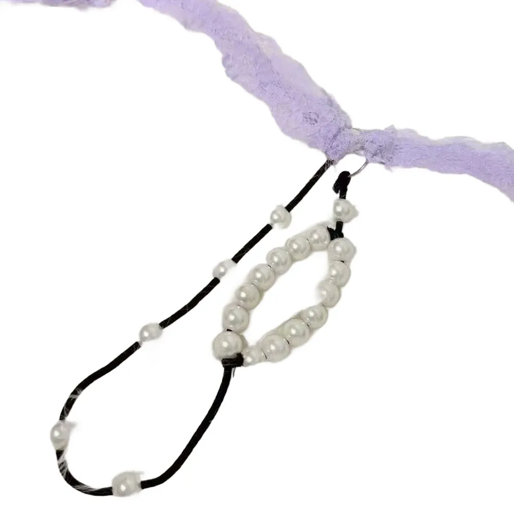 

Male Low Waist Breathable Lace Tie Up Briefs T-back Thongs With Beads Rings G-string Open Pouch Underwear Sexy T-panties