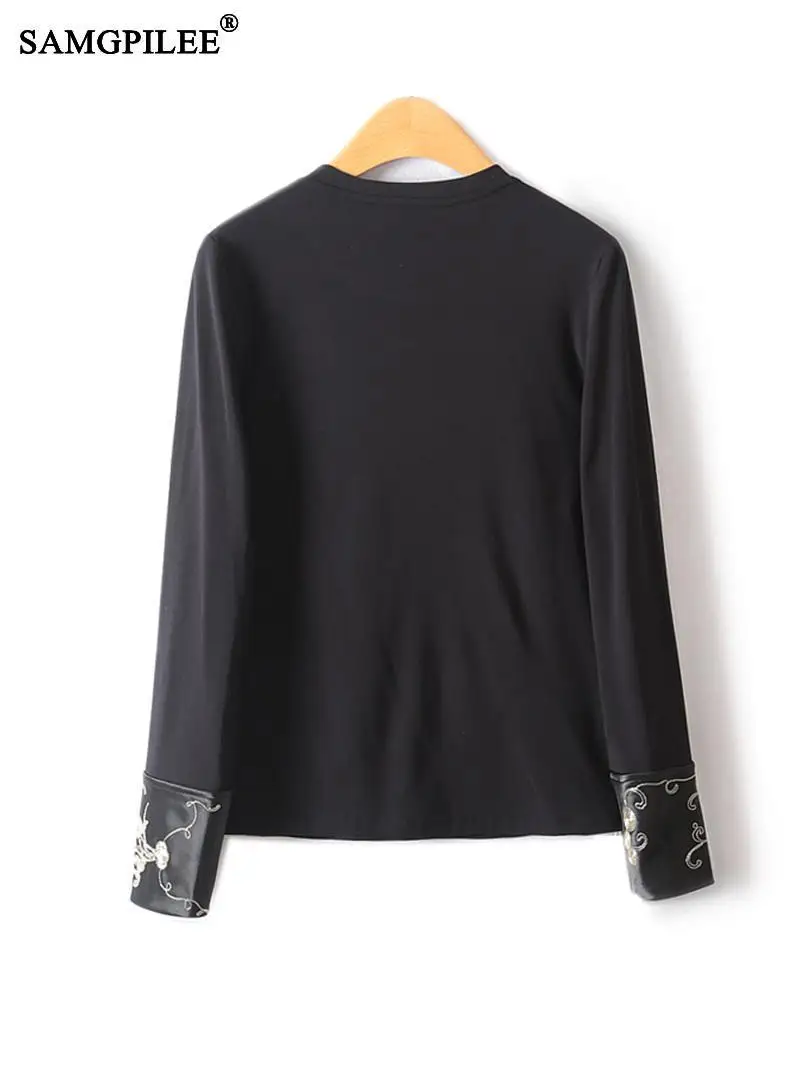 Spring Autumn 2024 New Exquisite Cuff Embroidery Slim Bottoming Shirt O Neck Elastic Fashion Women's Black Oversize T-shirts