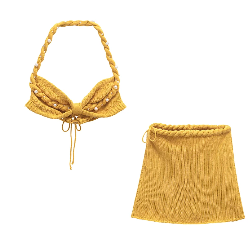 

TRAFZR Two-Piece Bikini Set Woven Yellow Top with Pearl Accents High-Waisted Minimalist Bottoms Summer Resort Vacation Swimwear