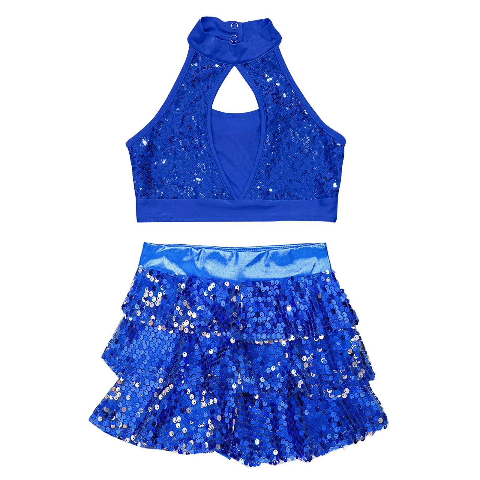 Big Girls Modern Jazz Latin Ballet Dance Costume Outfit Shiny Sequined Crop Top with Tiered Ruffle Skirted Shorts Dancewear Sets