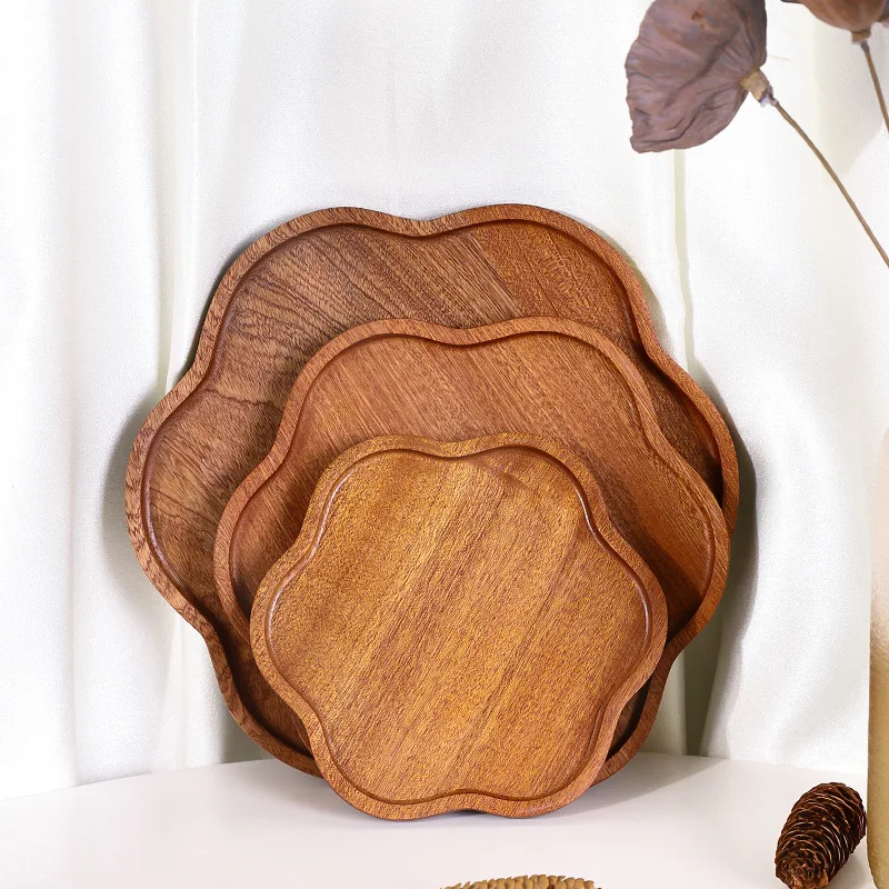 Petal-shaped wooden dinner plate ebony tray fruit bread small plate household wooden plate Japanese wooden snack plate