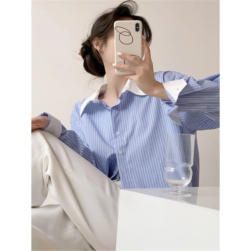 Elegant Chic Woman Shirt Striped Long-Sleeved Shirt Women Blouses Spring Autumn Korean Style Clothes Loose Casual Top Female