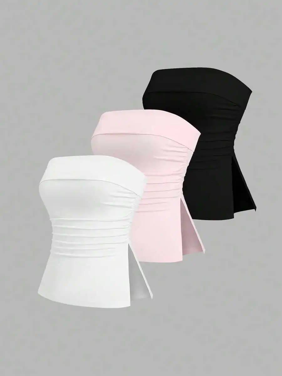 

Women's Ruched Strapless Tube Top with Side Slit - Casual & Sexy Crop Top in White, Pink, Black