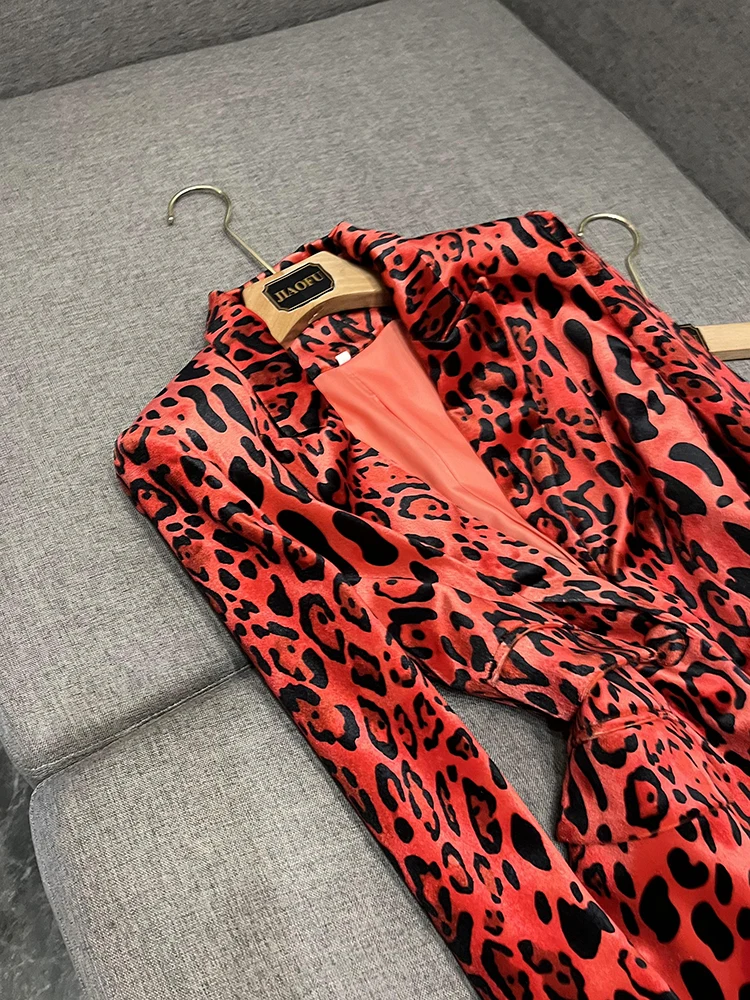 High Quality Velvet Lady Fashion Office Suit Woman Notched Long Sleeve Single Button Blazer Pencil Pants Leopard 2PCS