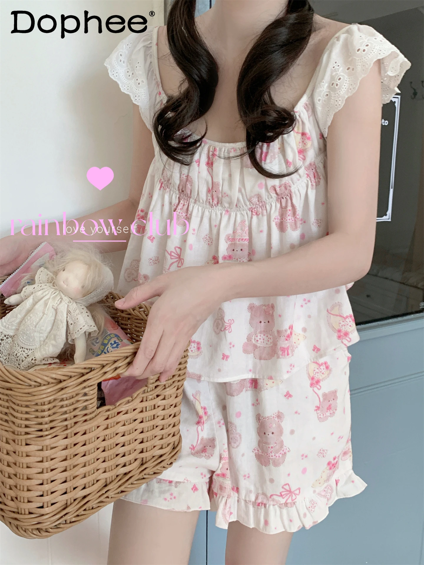 

Summer New Cute Flying Sleeves Pure Cotton Pajamas Set Sweet Sister Japanese Ins Casual and Comfortable Outdoor Loungewear