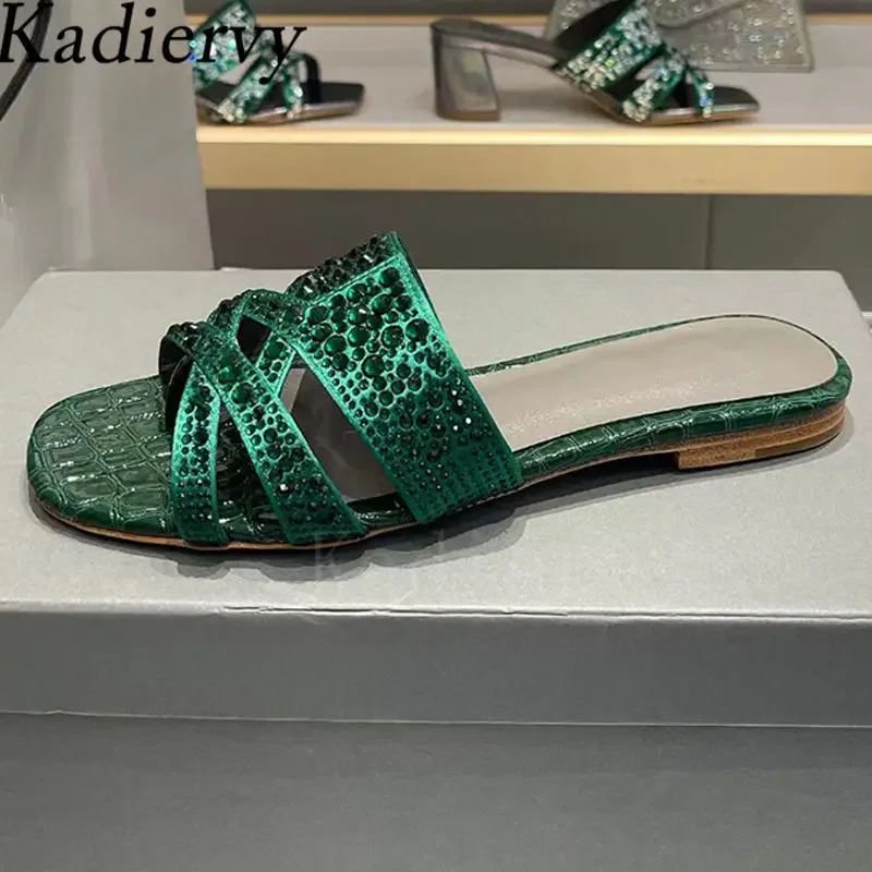 Chinelos de strass Bling para mulheres, Square Peep Toe Mules, Comfort Summer Shoes, Luxury Crystal Slides, Flat Shoes