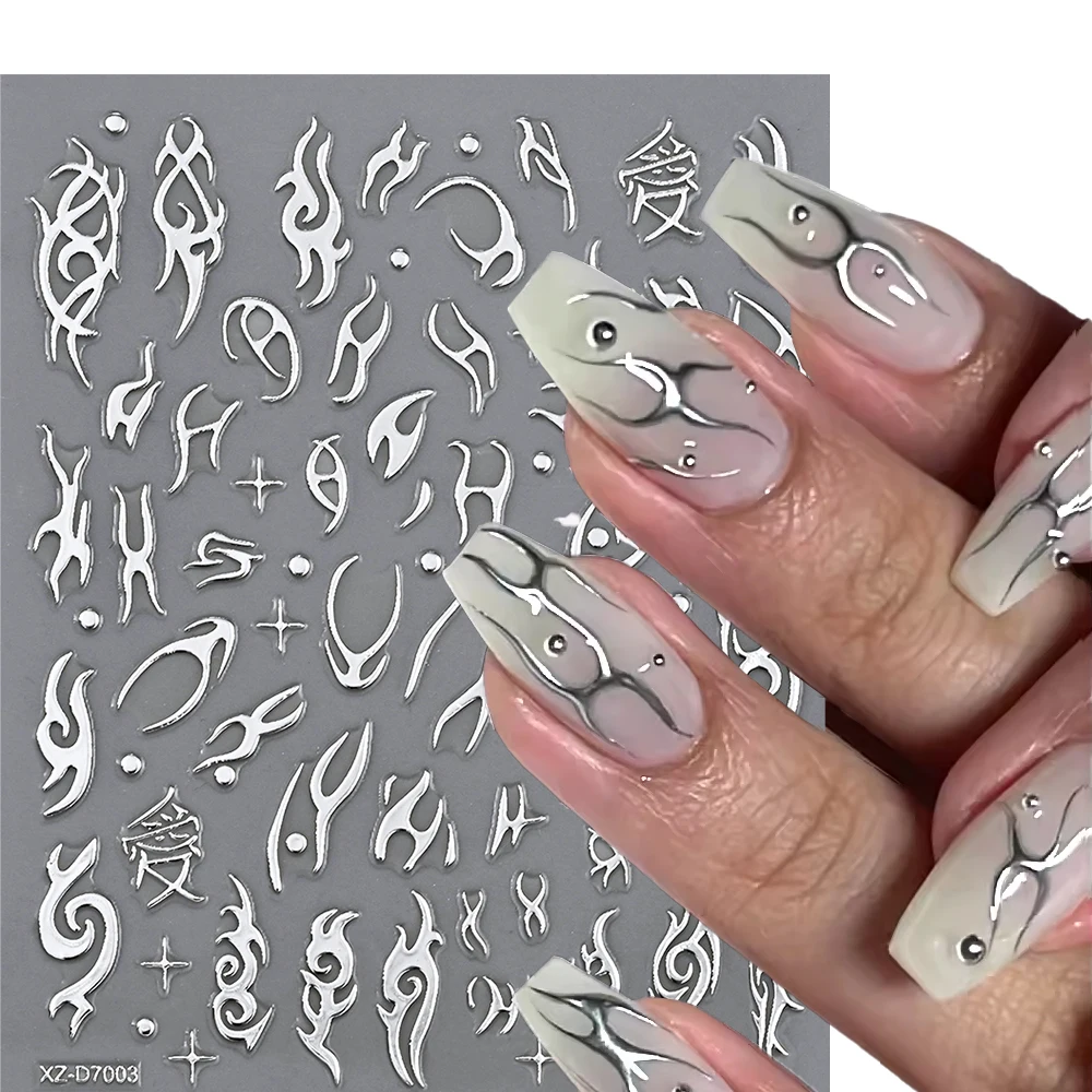 

3D Metal Silver Flame Nail Sticker Y2k Bronzing Abstract Lines Nail Slider Irregular Stripe Spicy Girls French Manicure Sticker