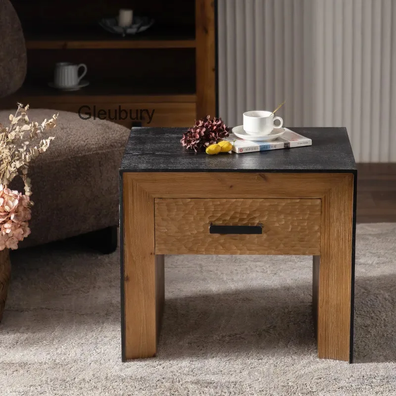 Wood Vintage End Table, Square Side Table with Hammered Drawer, Rustic Accent Nightstand for Living Room, Bedroom & Sofa Side