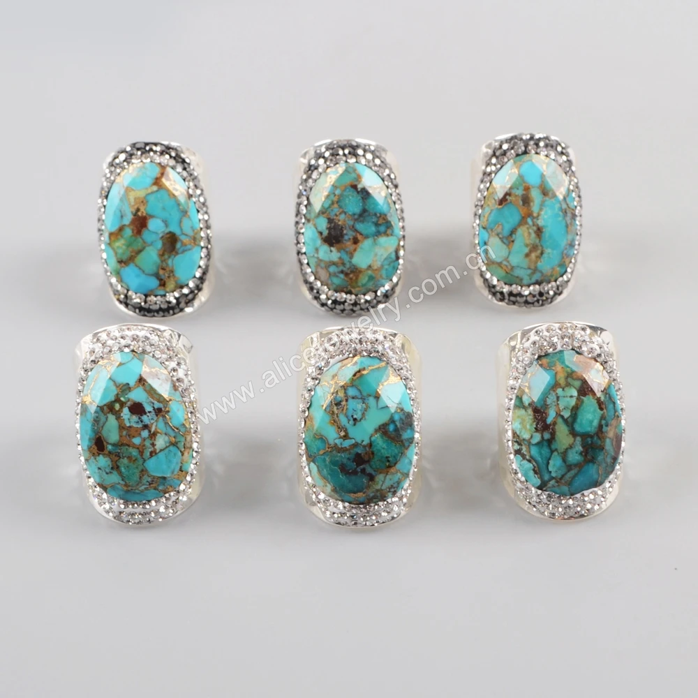 

BOROSA 5PCS Natural Gold-Line Turquoises Silver Color Band Rings Crystal Paved Black/White Zircons Drusy Ring Jewelry JAB944