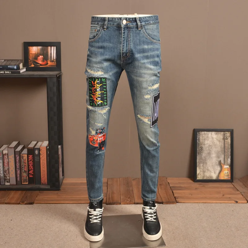 

New Men'S Jeans Vintage Do Old Torn Fashion Brand Men'S Pants With Cloth Scraped Patch Comfortable Straight Casual Pants