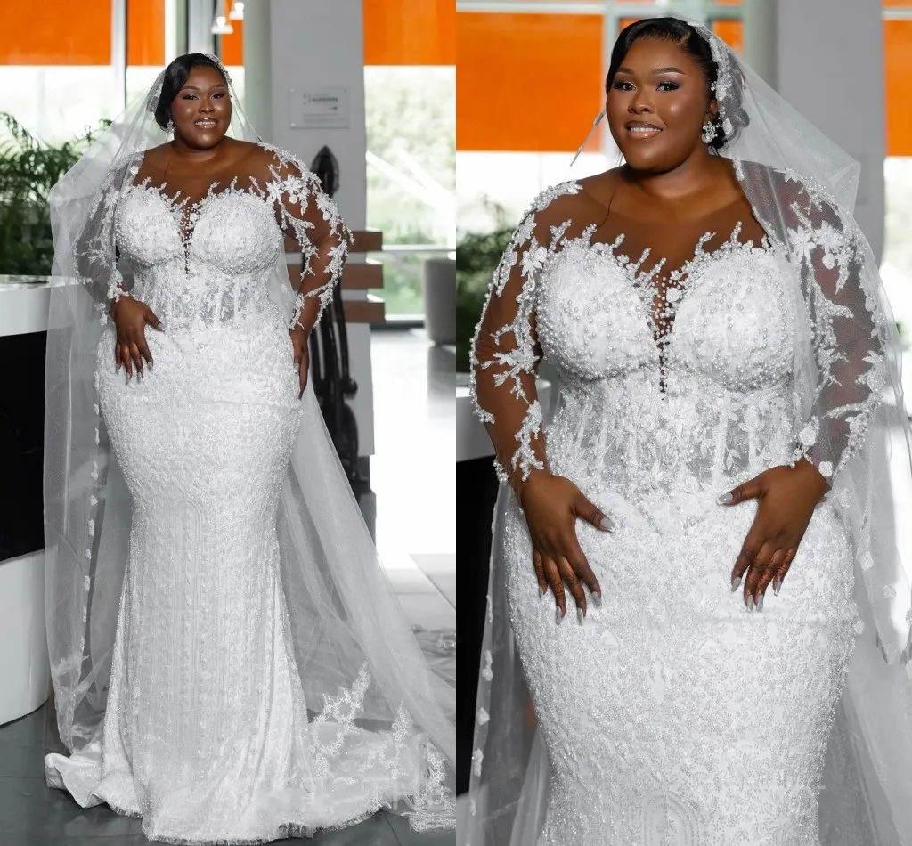 

2025 Plus Size Wedding Dresses Bridal Gowns Illusion Sheer Neck Long Sleeves Beaded Pearls Lace Tulle African Vestidos De Noiva
