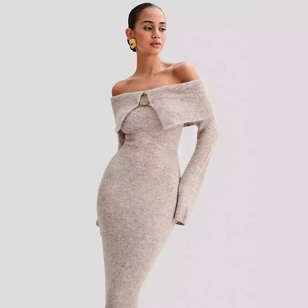 Women Knitting Dress 2025 Autumn Knit Sweater Dress Women's Off The Shoulder Bodycon Long Sleeve Slim Fit Midi Dress