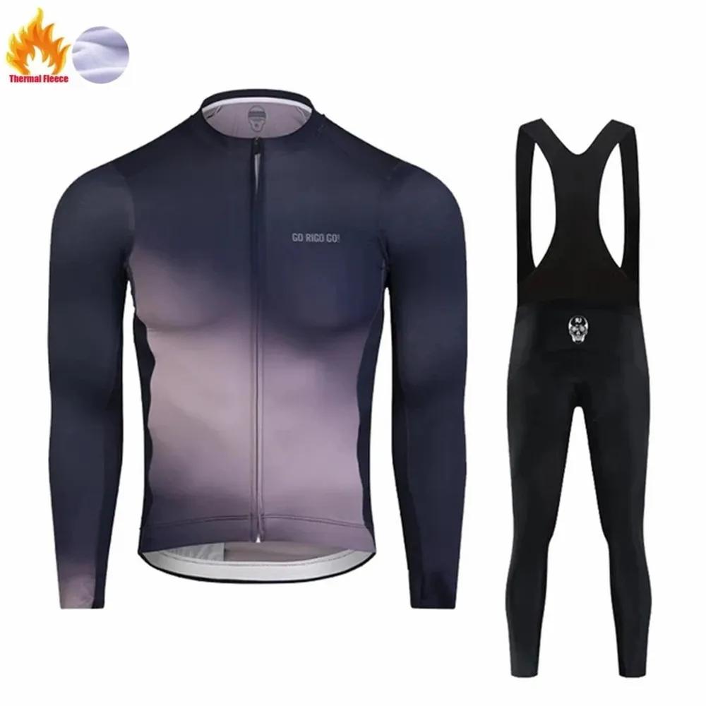 GO RIGO GO Cycling Winter Thermal Fleece Jacket Men's Grc Cycle Long Sleeve Bib Tights Set Bike Retro Road Complete Uniform