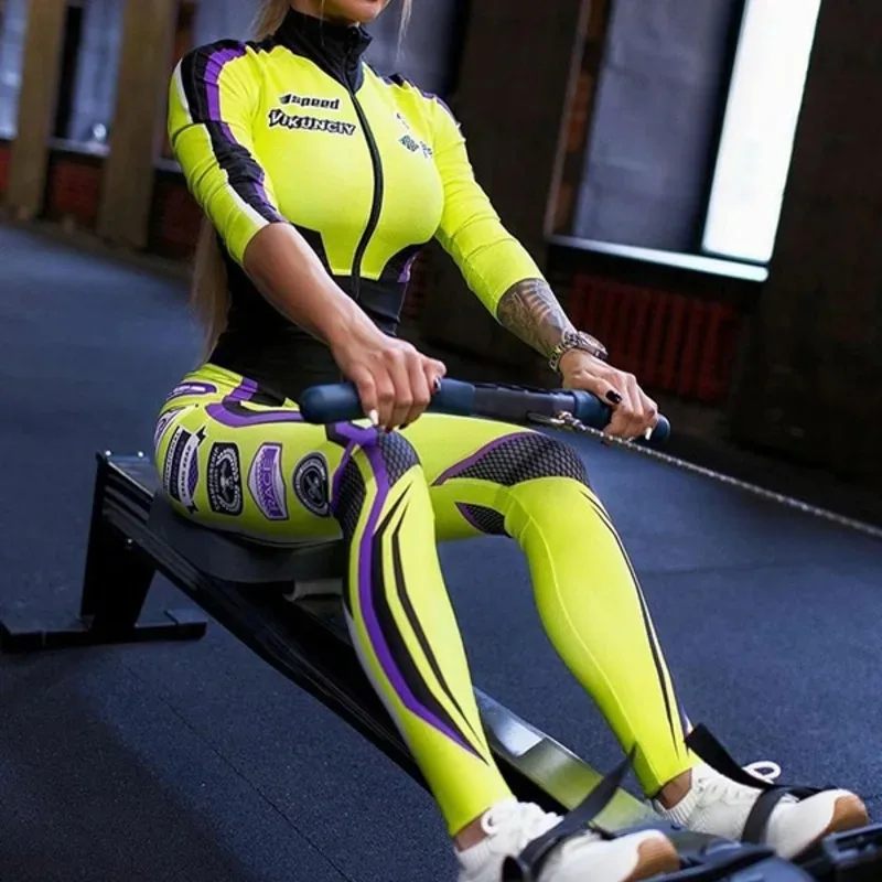 المرأة ضيقة بذلة 2025 سباق نمط سحاب مطبوع الوقوف طوق كم طويل يغطي الرجل ملابس رياضية امرأة الصالة الرياضية اليوغا 91276