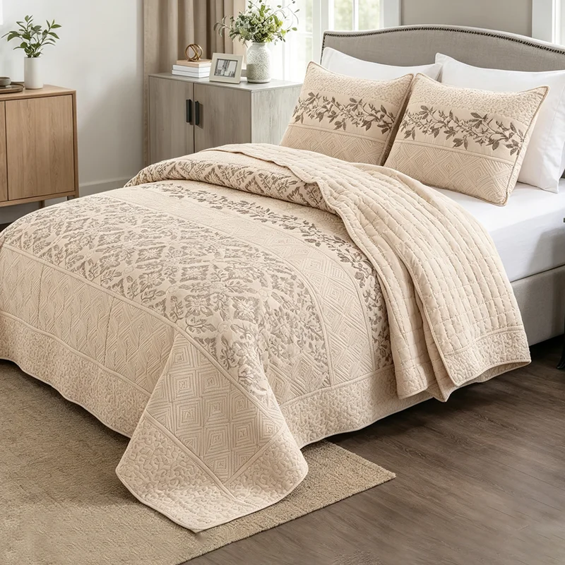 3pcs Luxury Quilted Bedspread Set Queen King Size Striped Embroidery Quilt Double Bed Cover with Pillowcases Non Slip Sheet
