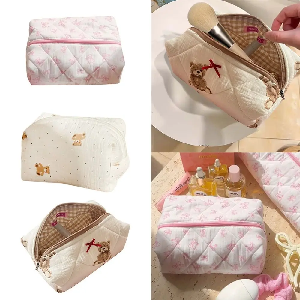 Cotton Quilted Makeup Bag Coquette Accessories Make up Bag Organizer Cute Bear Cosmetic Pouch Travel Makeup Bag for Women