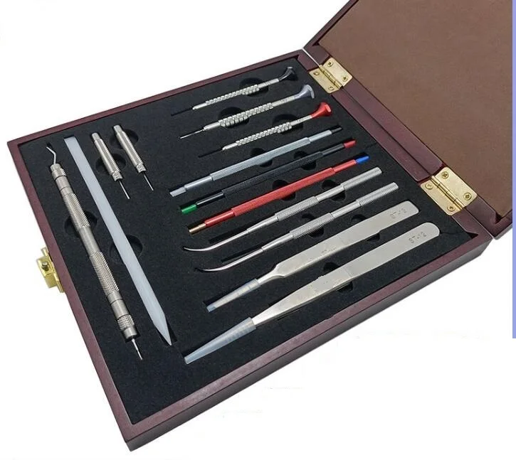 W2349 Set of Watch Bracelet Hands Remover Flat Head Screwdriver Hand Setter Spring Bar Tool Tweezers Band Pin Punch in Wood Box