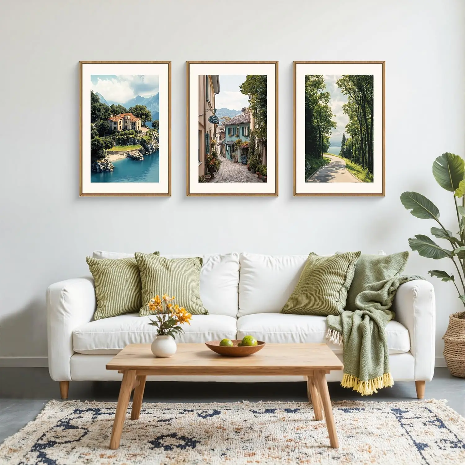 

3pcs Retro Italian Urban Coastal Tree Landscape Canvas Wall Art, Modern French Living Room, Dining Room Office Home Decoration