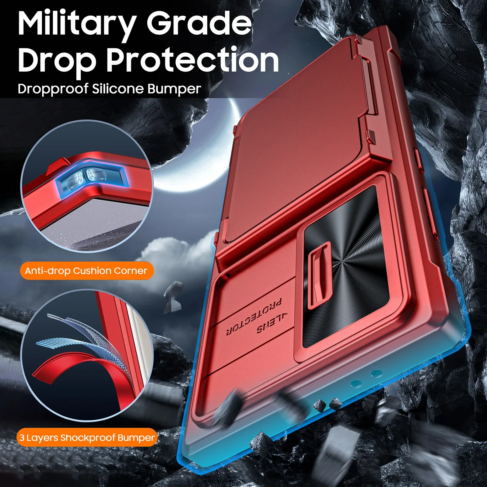 voor Samsung Galaxy S24 Ultra telefoonhoesje Glijdende camerahouder Kaarthouder Volledige dekking TPU schokbestendig telefoonhoesje-rood